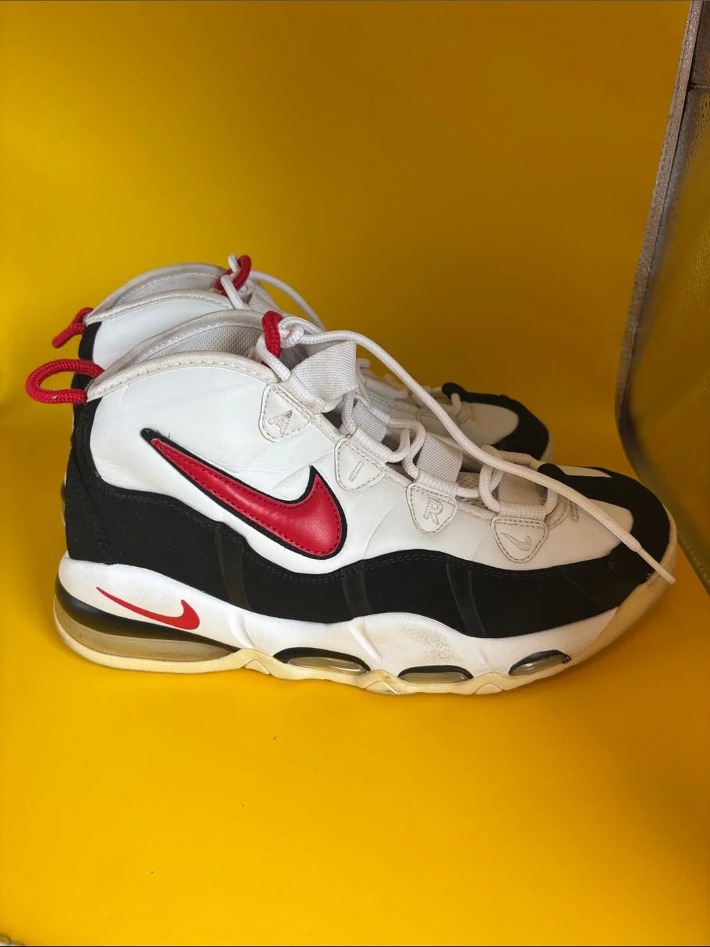 Nike Men White Black Sneakers with Red Swoosh Accent